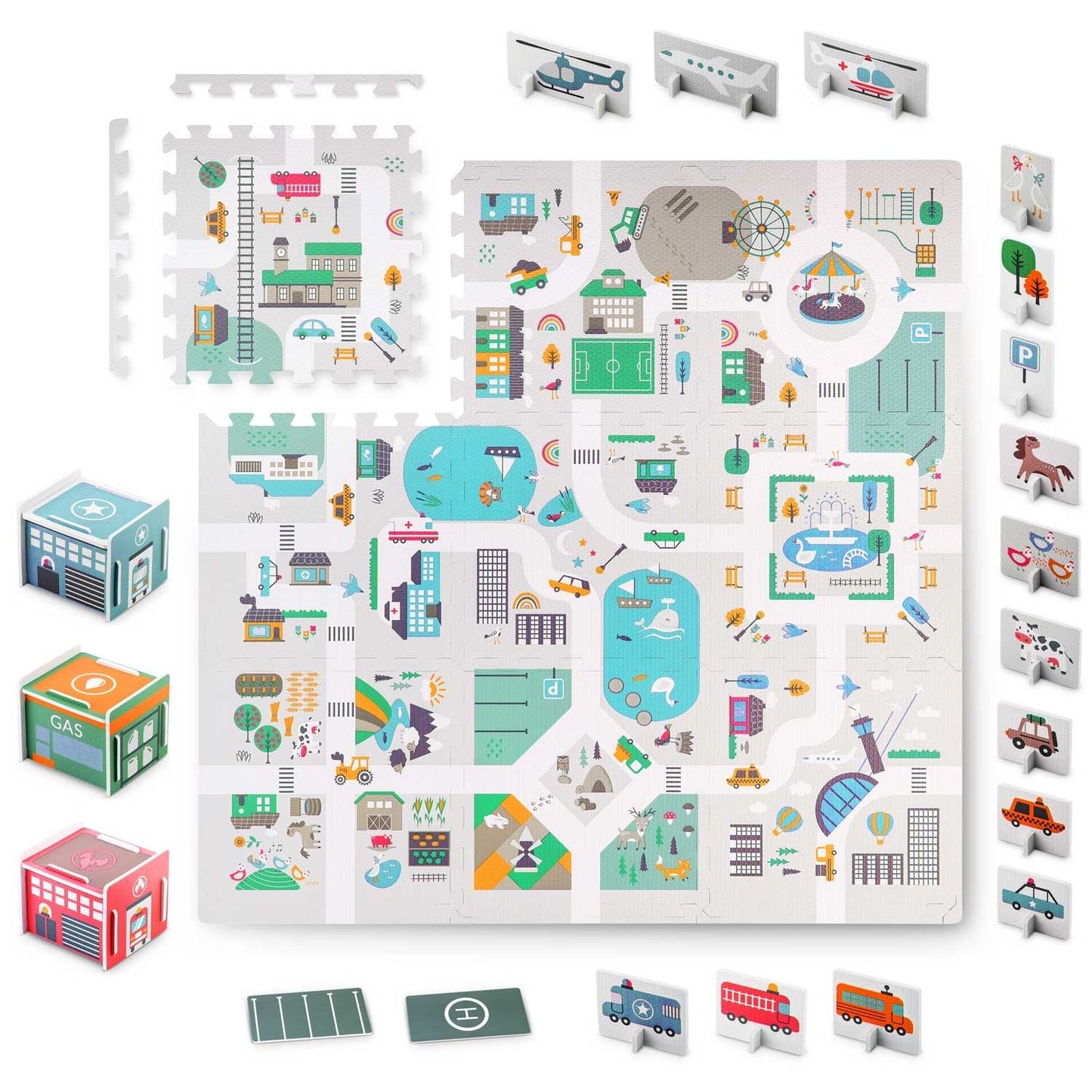 Foam mat Puzzle 120x120 cm with Foam figures - Nukido Town