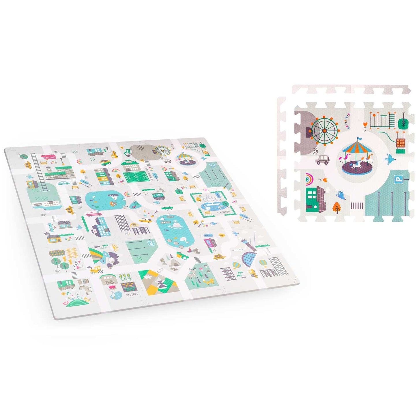 Foam mat Puzzle 120x120 cm with Foam figures - Nukido Town