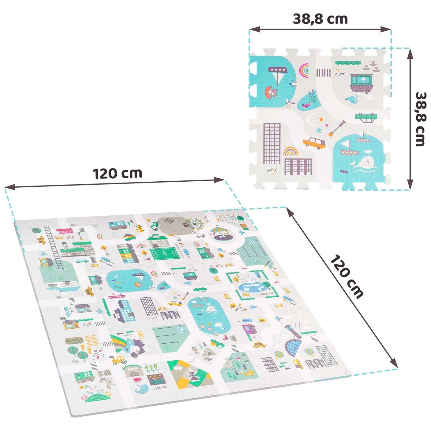 Foam mat Puzzle 120x120 cm with Foam figures - Nukido Town