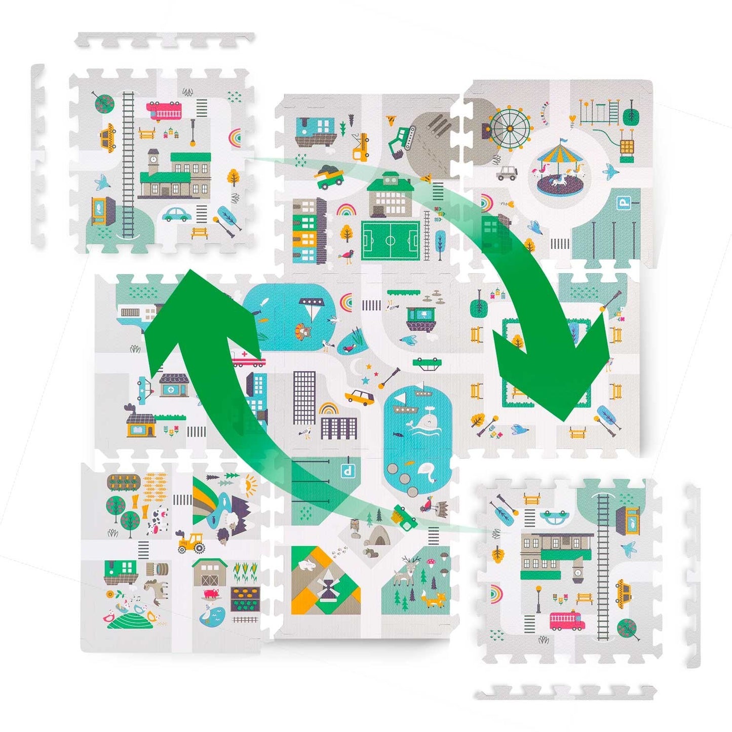 Foam mat Puzzle 120x120 cm with Foam figures - Nukido Town
