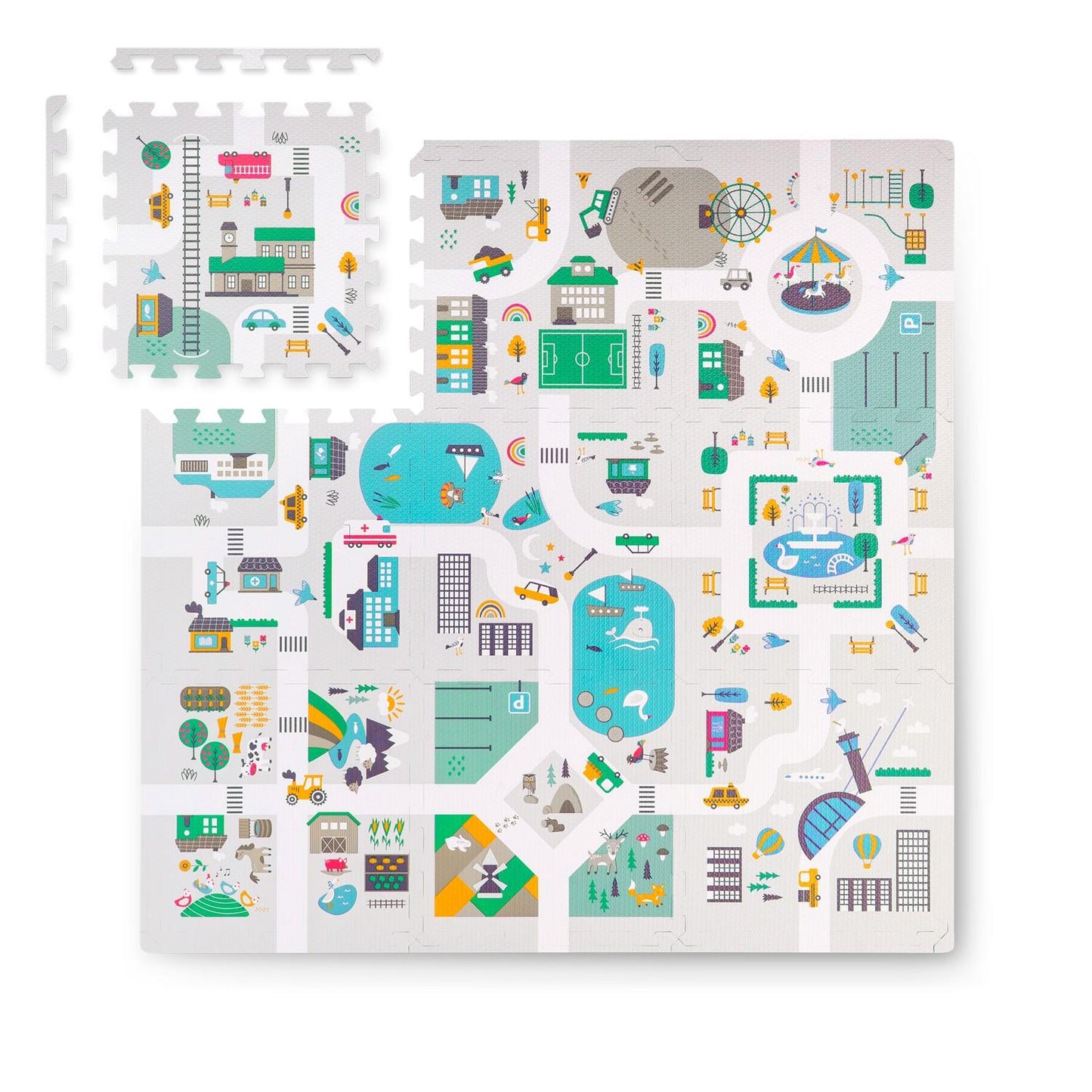 Foam mat Puzzle 120x120 cm with Foam figures - Nukido Town