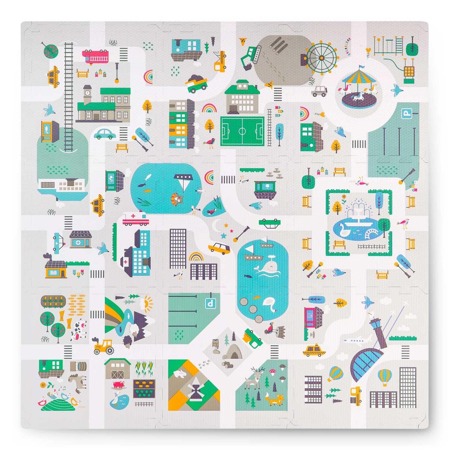 Foam mat Puzzle 120x120 cm with Foam figures - Nukido Town