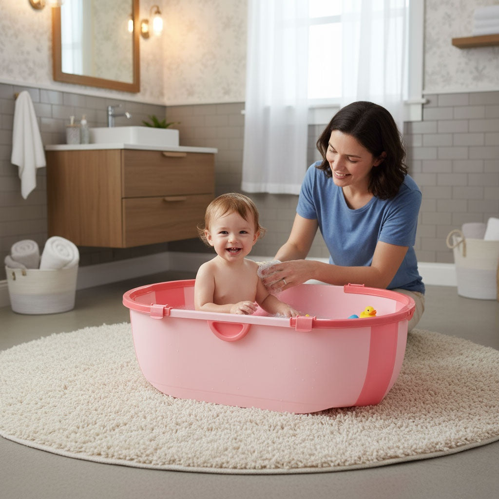 Foldable Baby Bathtub with Drain Plug – Pink, Safe Materials