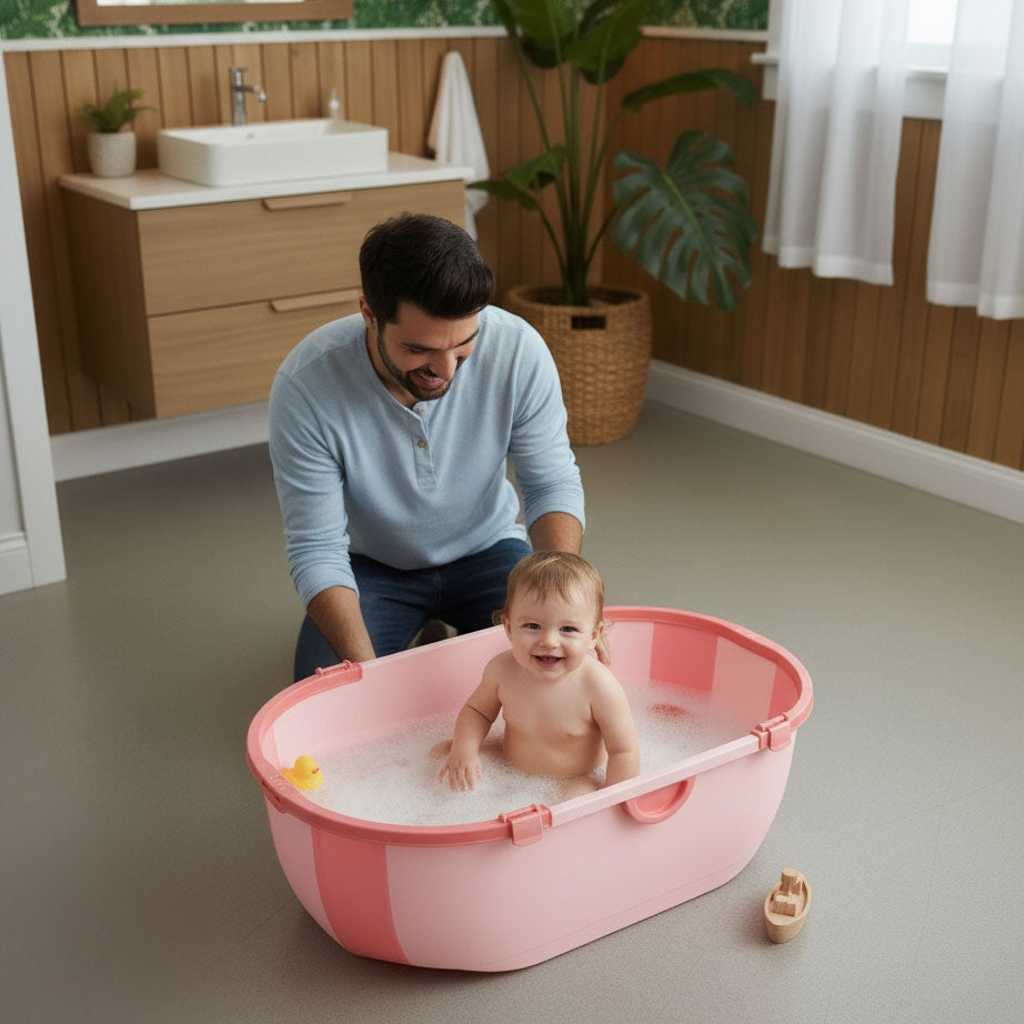 Foldable Baby Bathtub with Drain Plug – Pink, Safe Materials