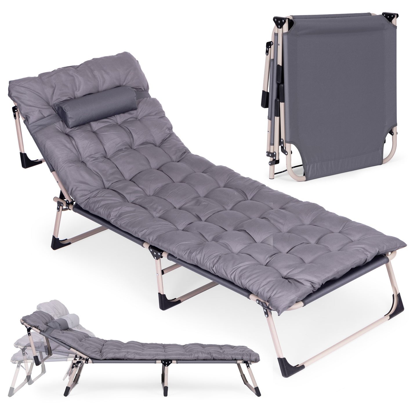 Foldable Garden Lounger with Mattress & Pillow, Grey