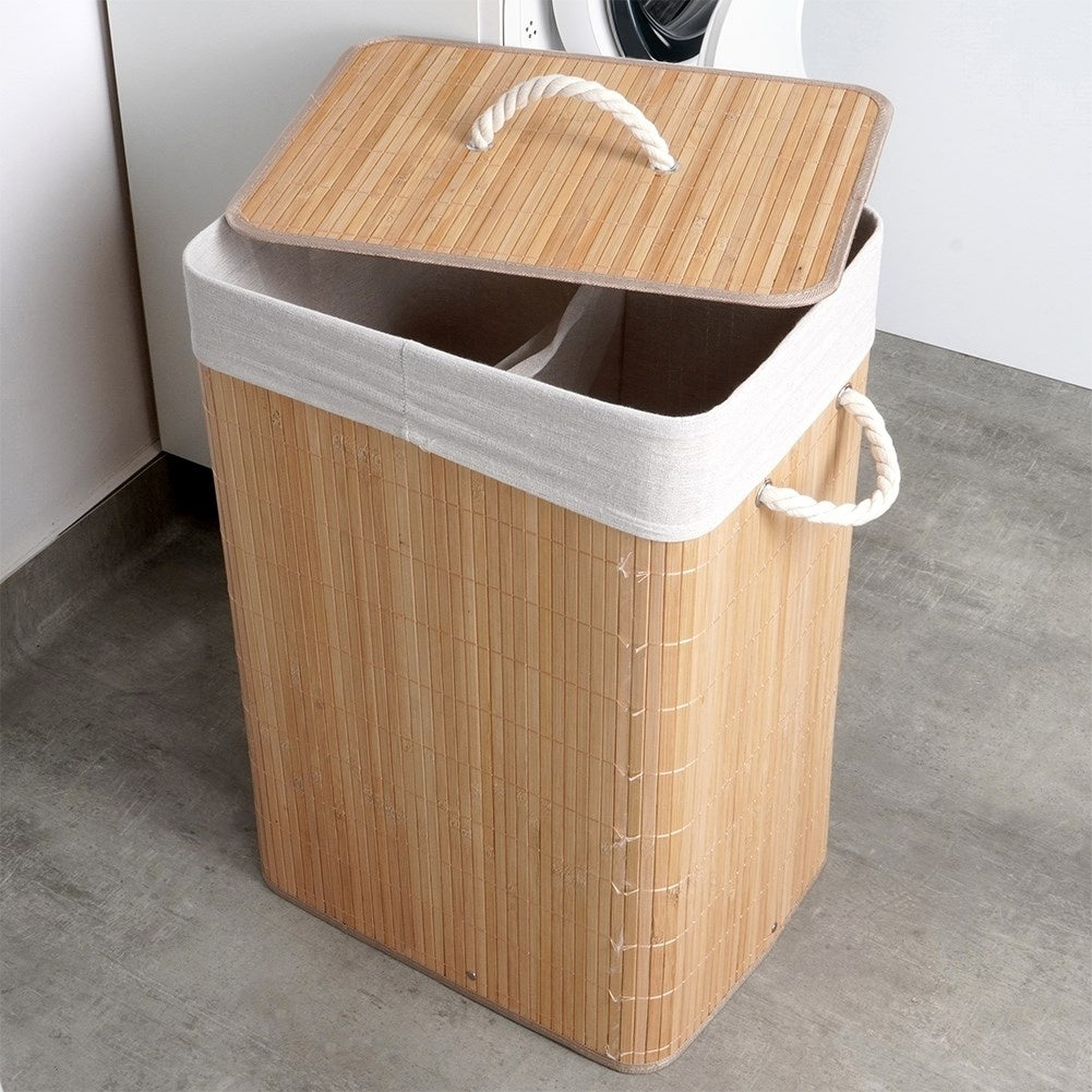 Foldable Laundry Basket with Two Bamboo Compartments