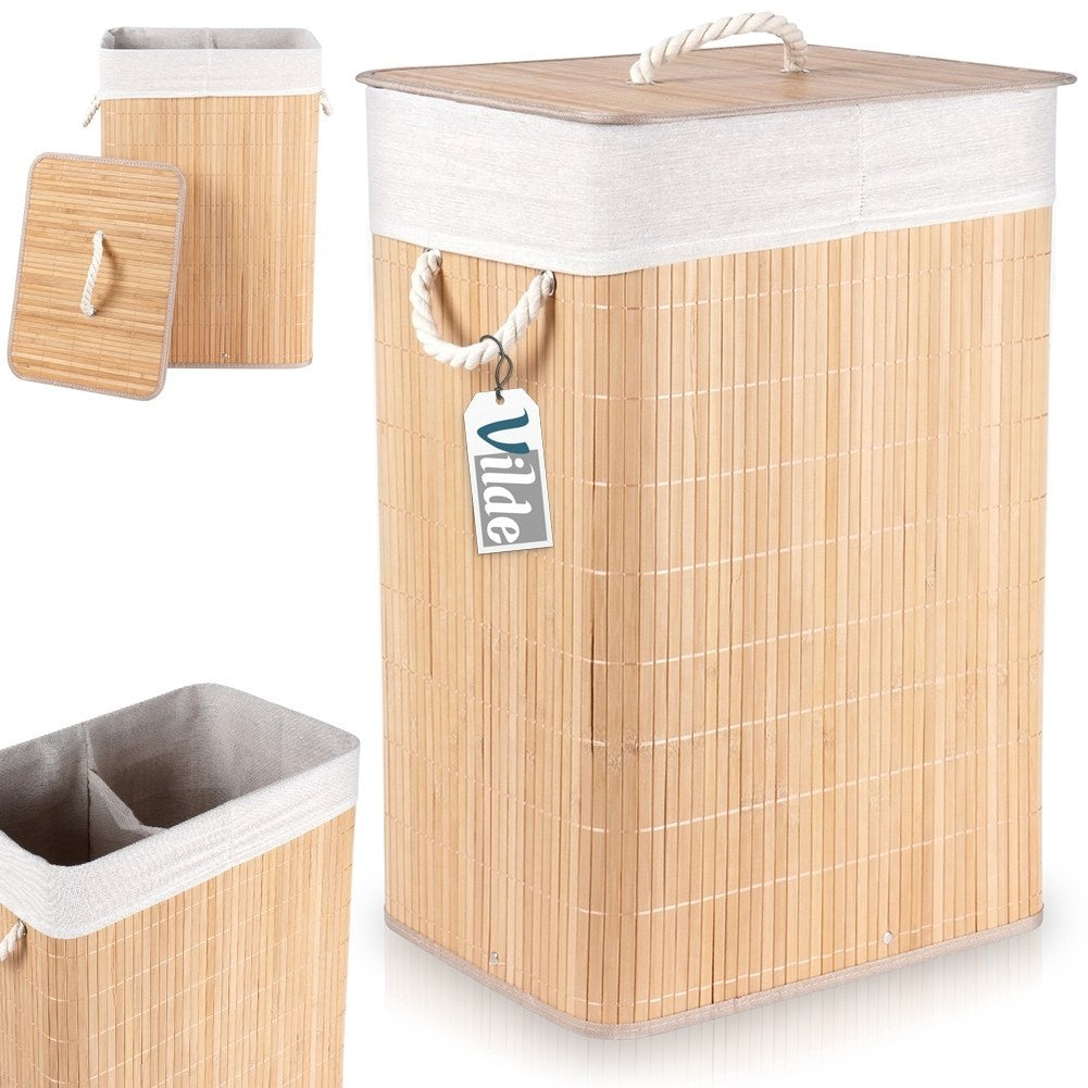 Foldable Laundry Basket with Two Bamboo Compartments