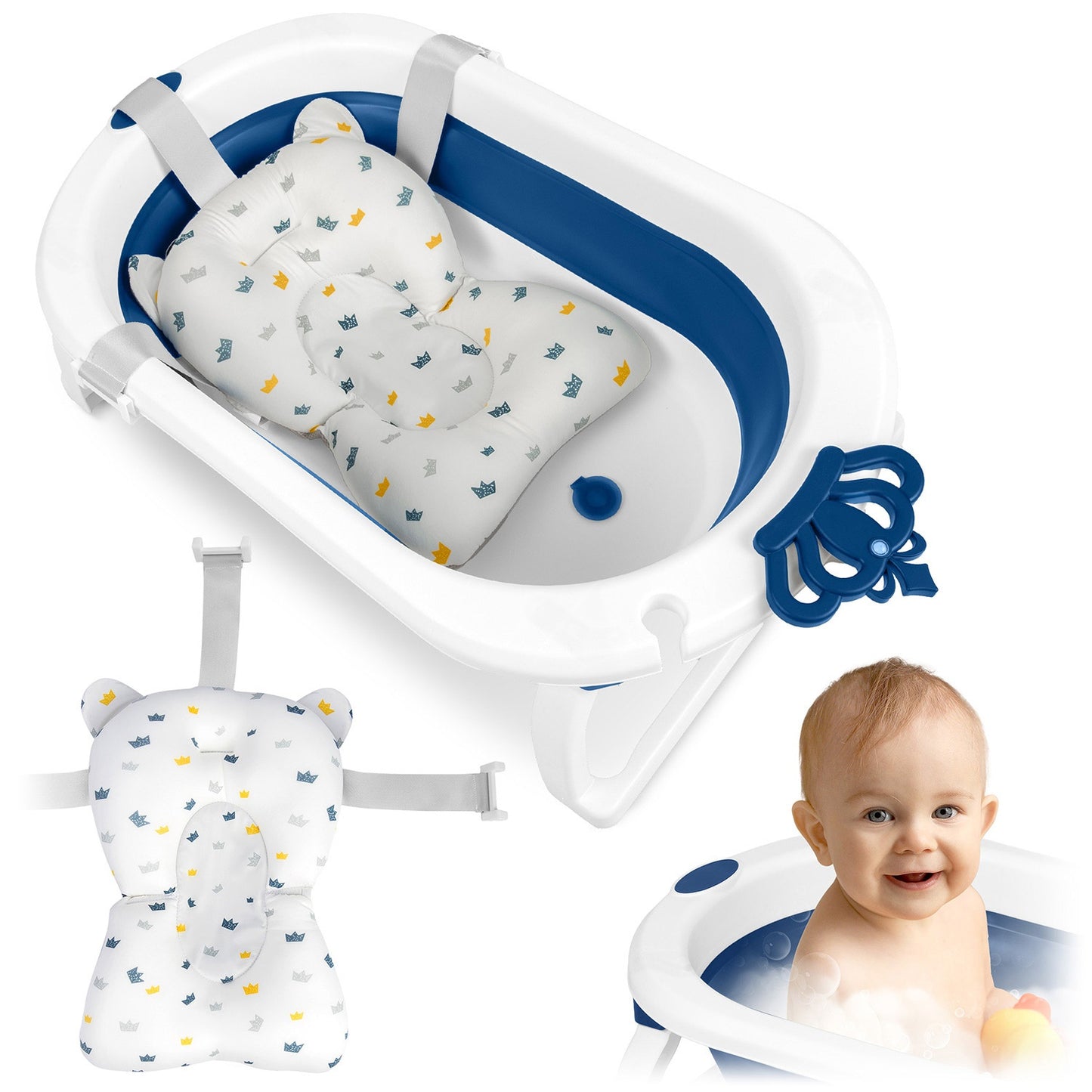 Folding Baby Bathtub with Insert, White-Blue