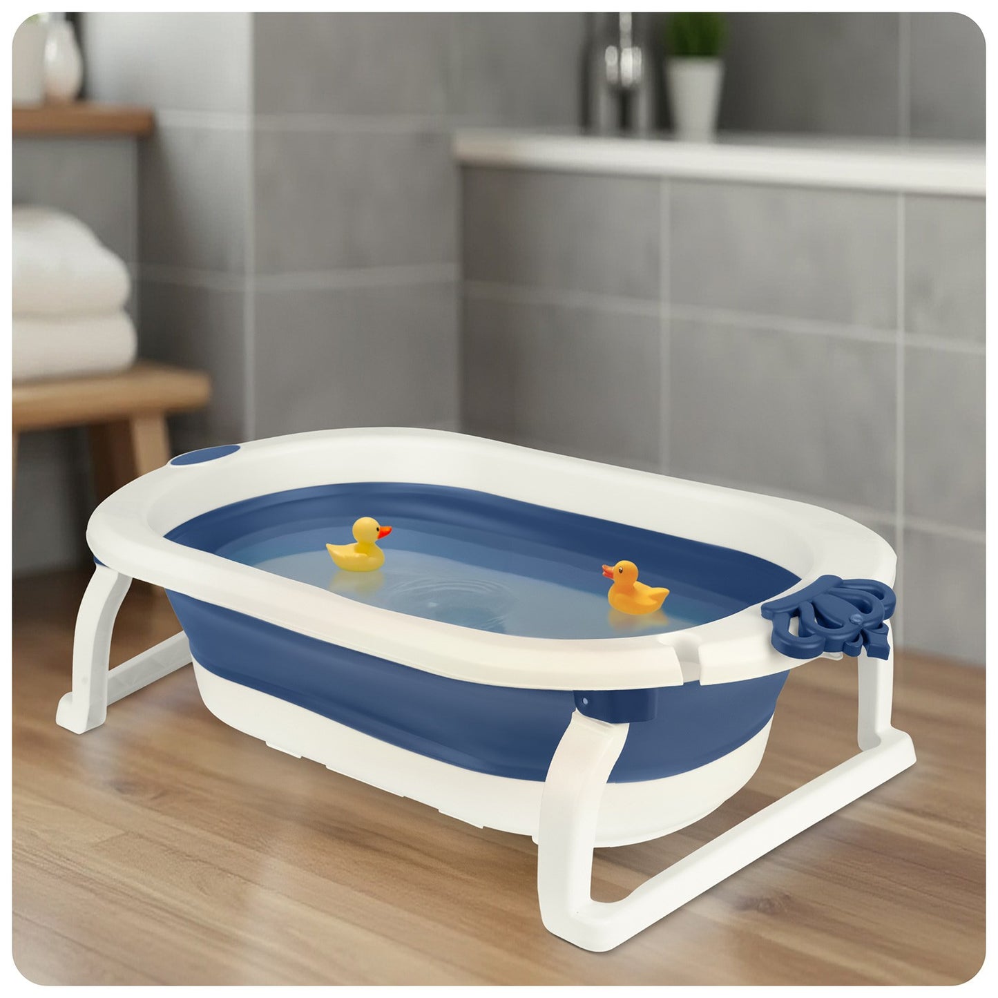 Folding Baby Bathtub with Insert, White-Blue