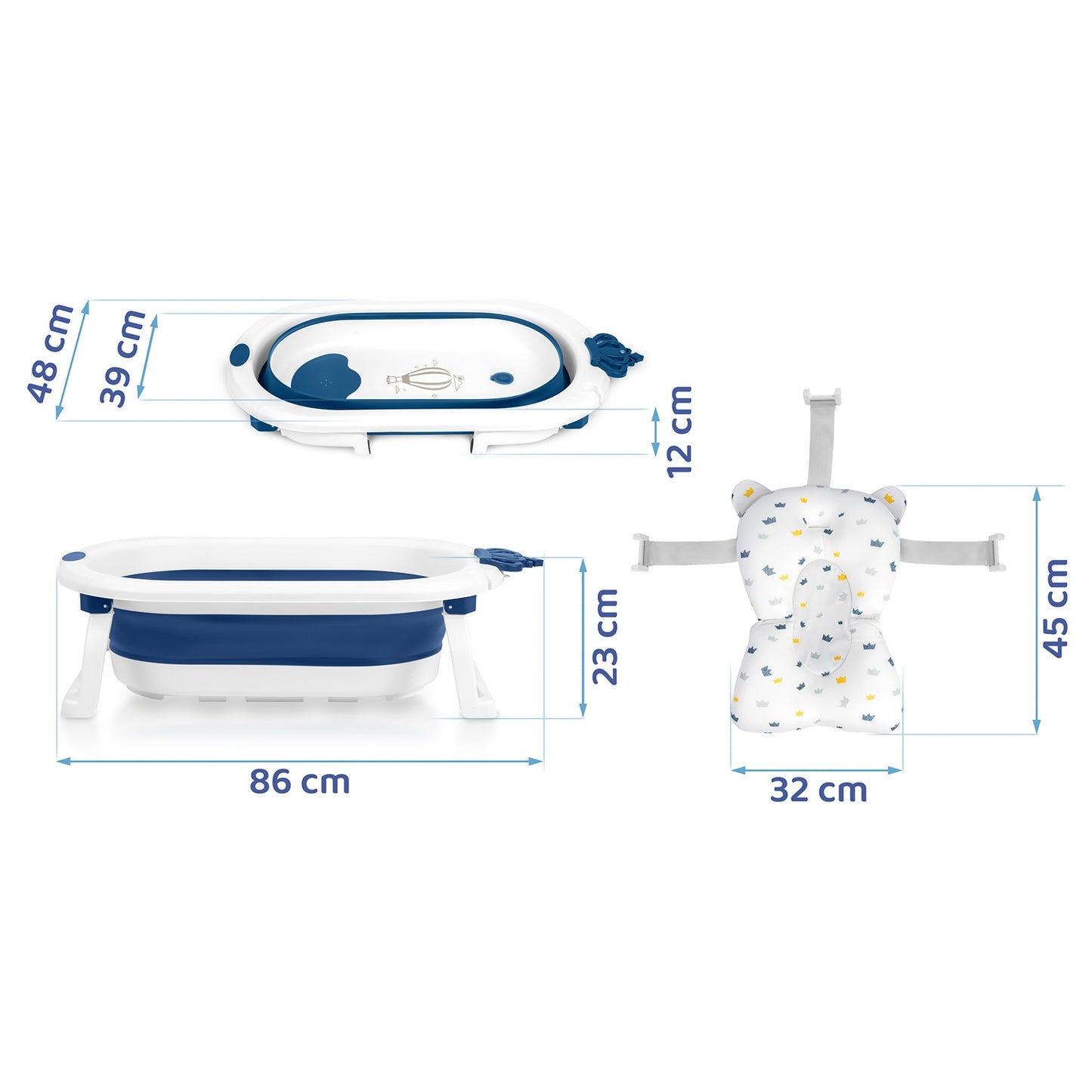 Folding Baby Bathtub with Insert, White-Blue