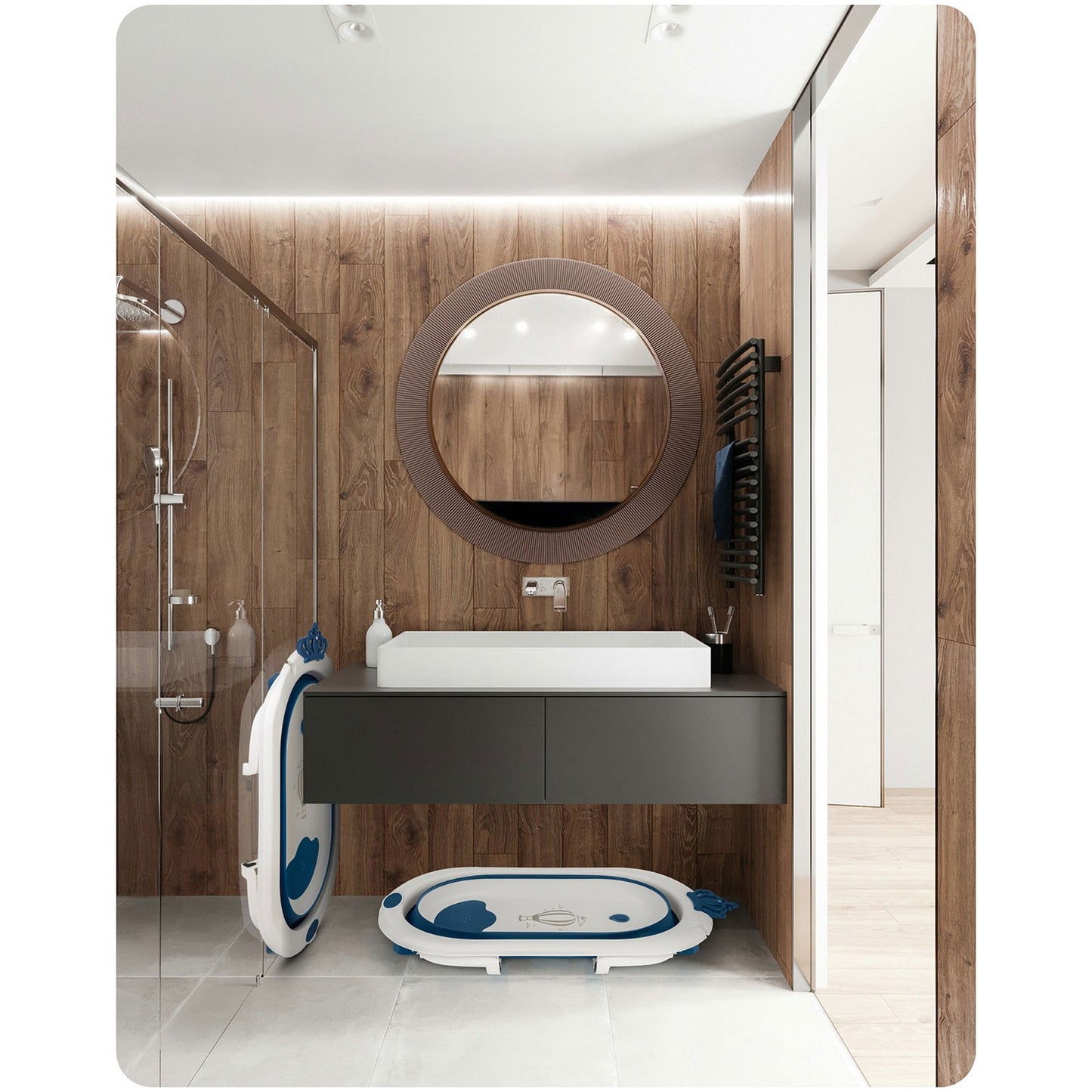 Folding Baby Bathtub with Insert, White-Blue