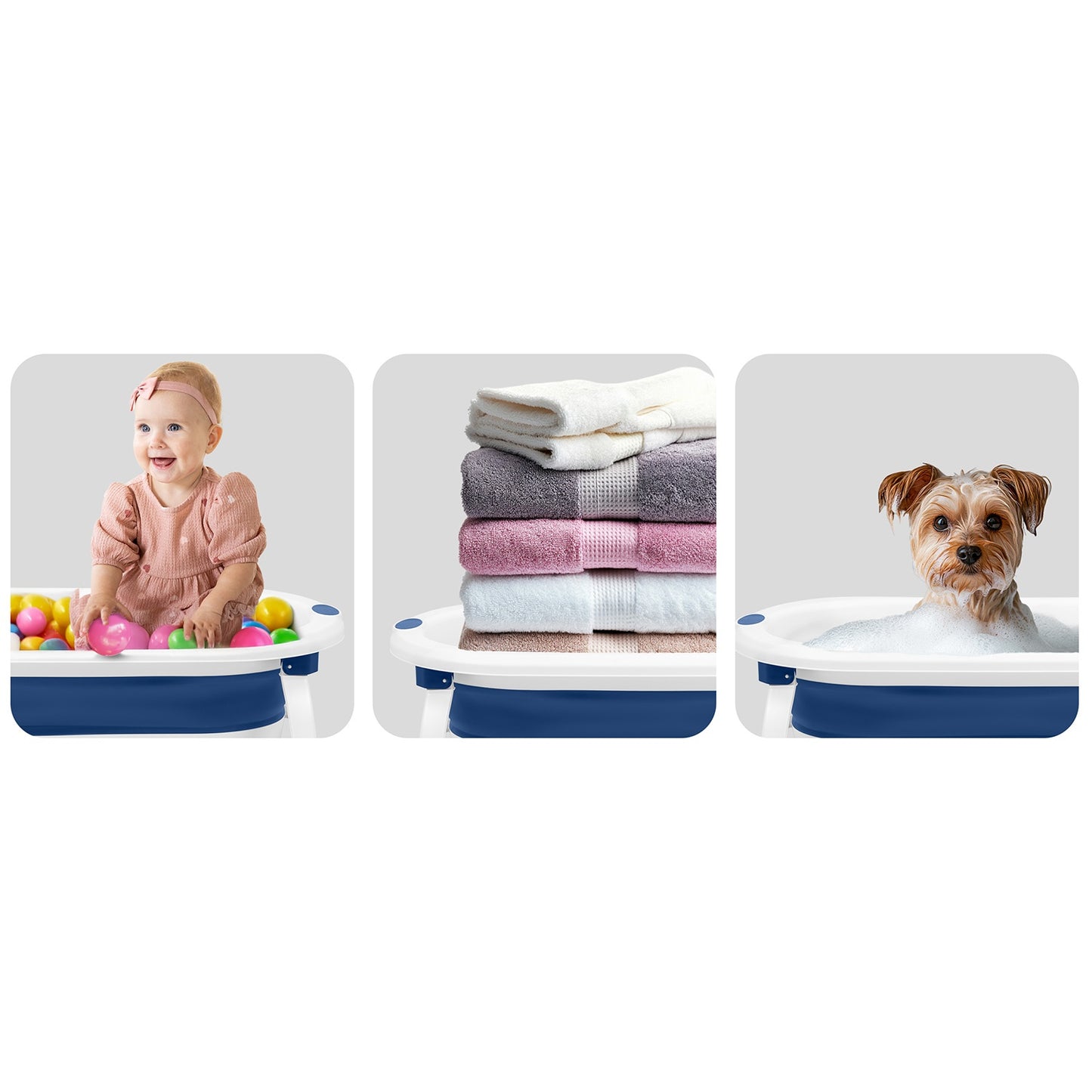 Folding Baby Bathtub with Insert, White-Blue