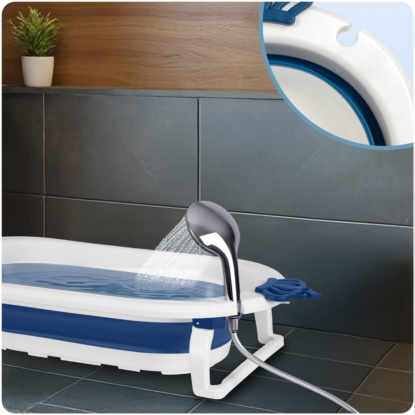 Folding Baby Bathtub with Insert, White-Blue