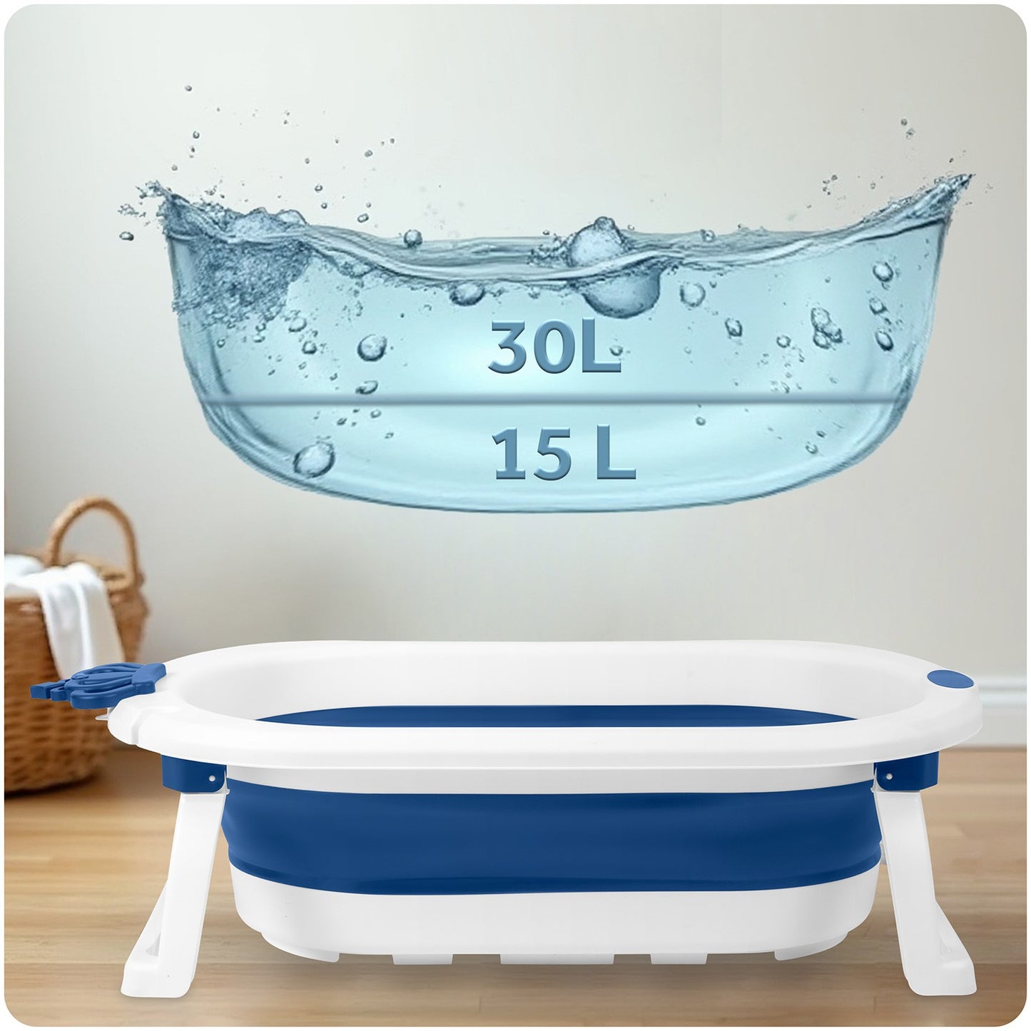 Folding Baby Bathtub with Insert, White-Blue