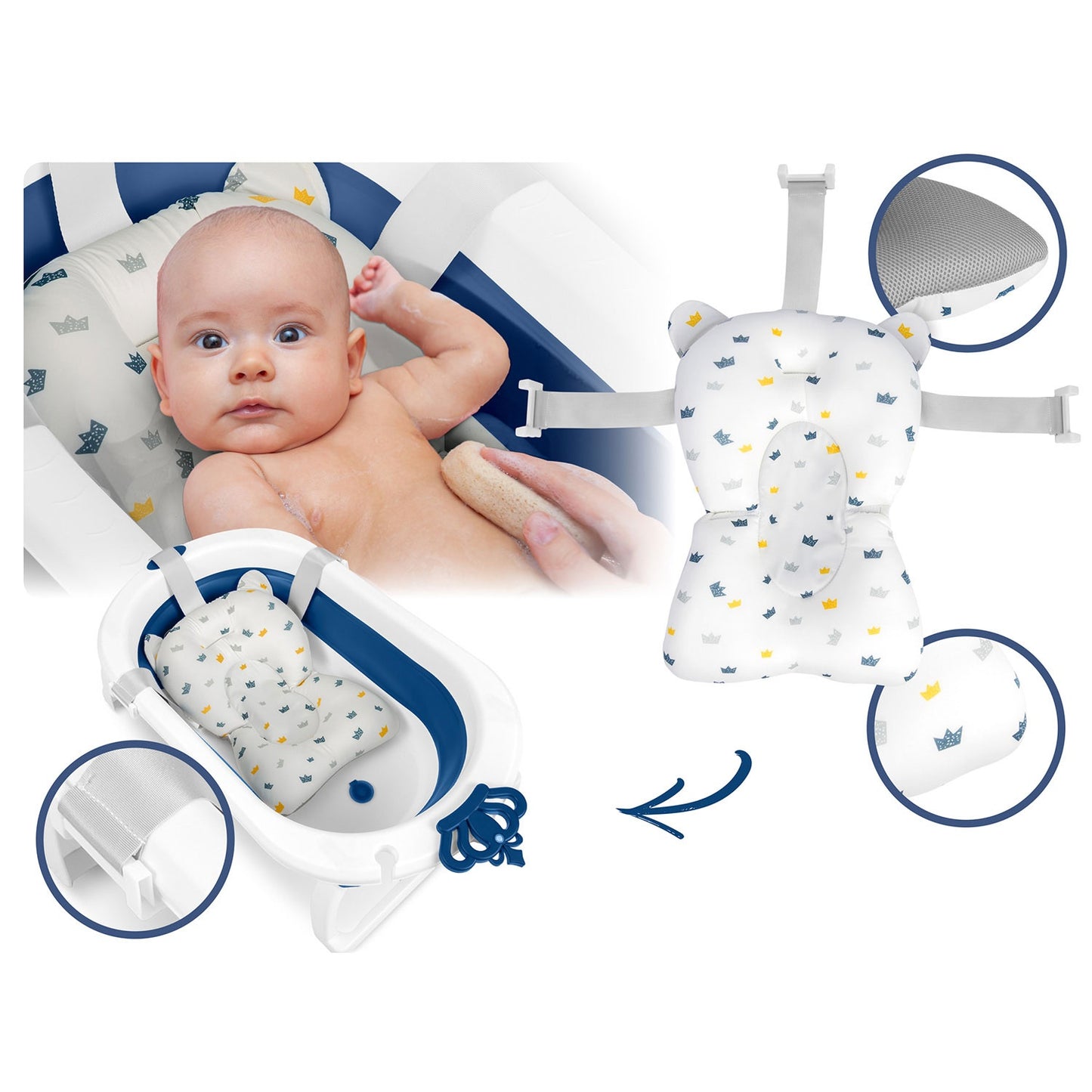 Folding Baby Bathtub with Insert, White-Blue
