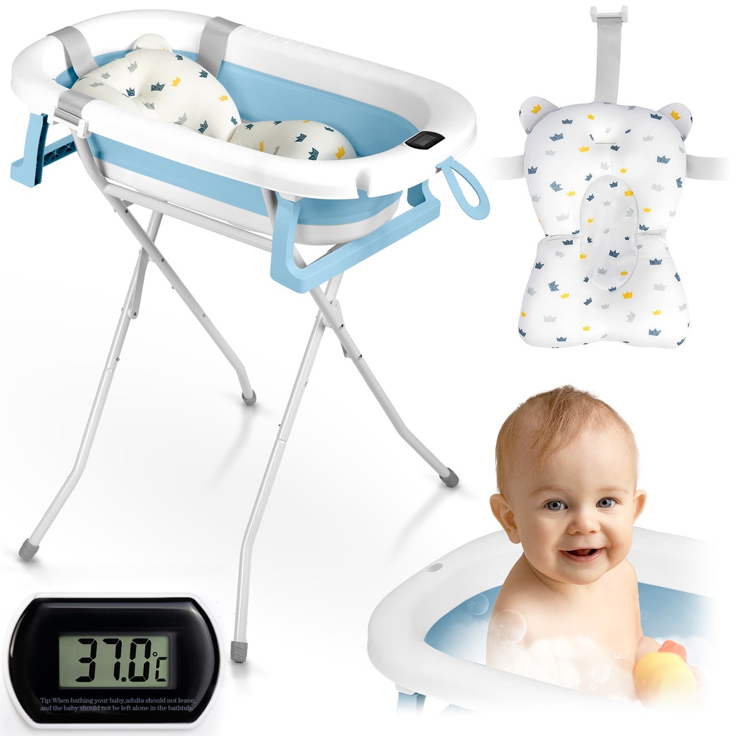 Folding Baby Bathtub with Stand, Thermometer, Insert