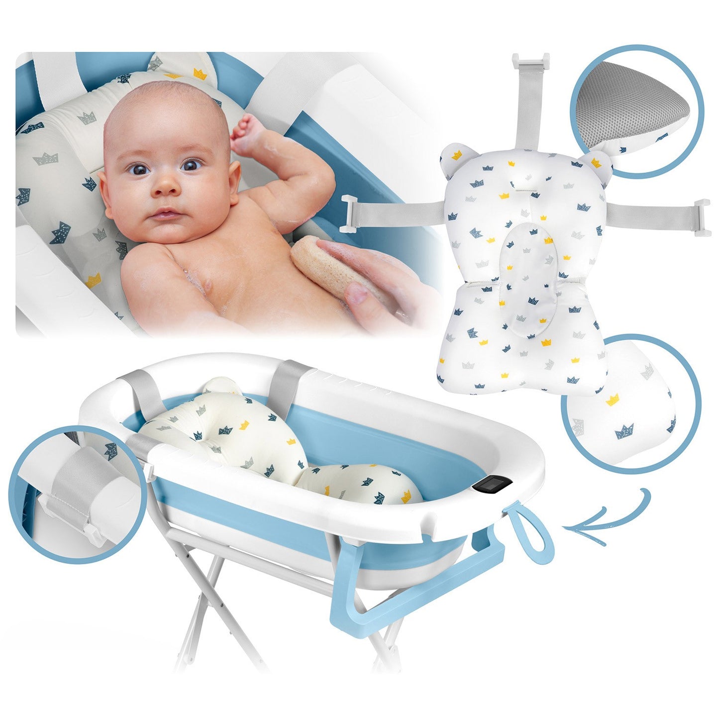 Folding Baby Bathtub with Stand, Thermometer, Insert