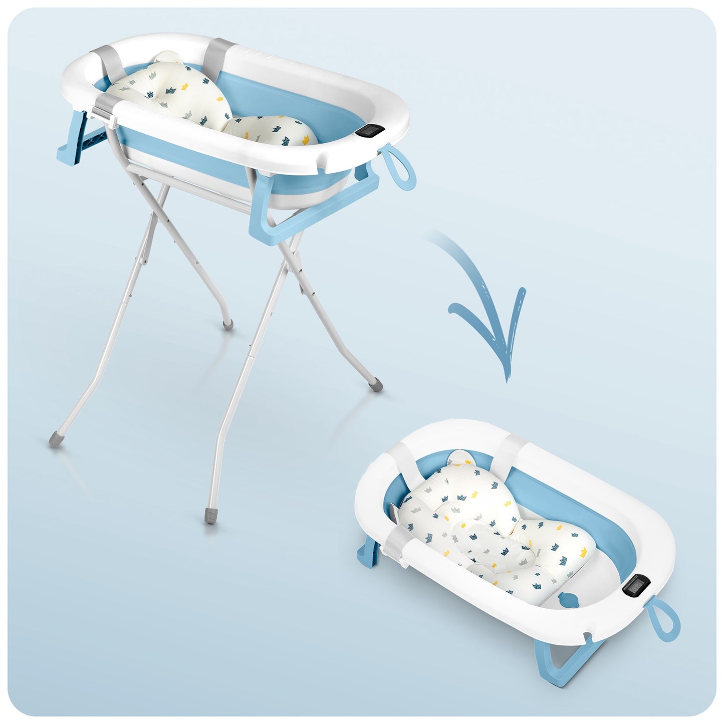 Folding Baby Bathtub with Stand, Thermometer, Insert
