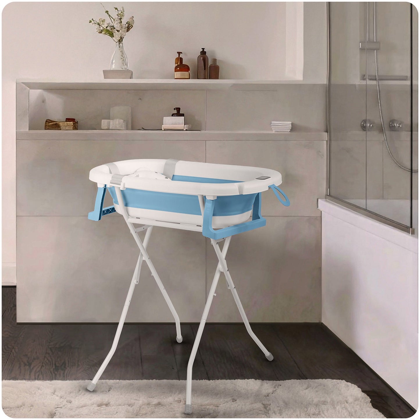 Folding Baby Bathtub with Stand, Thermometer, Insert
