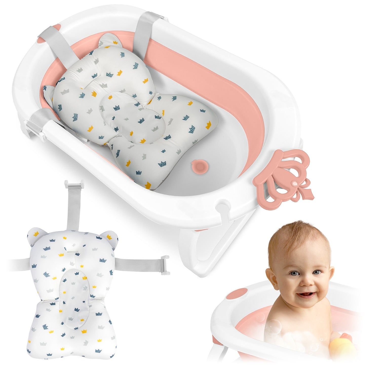 Folding Baby Bath with Insert, White-Pink
