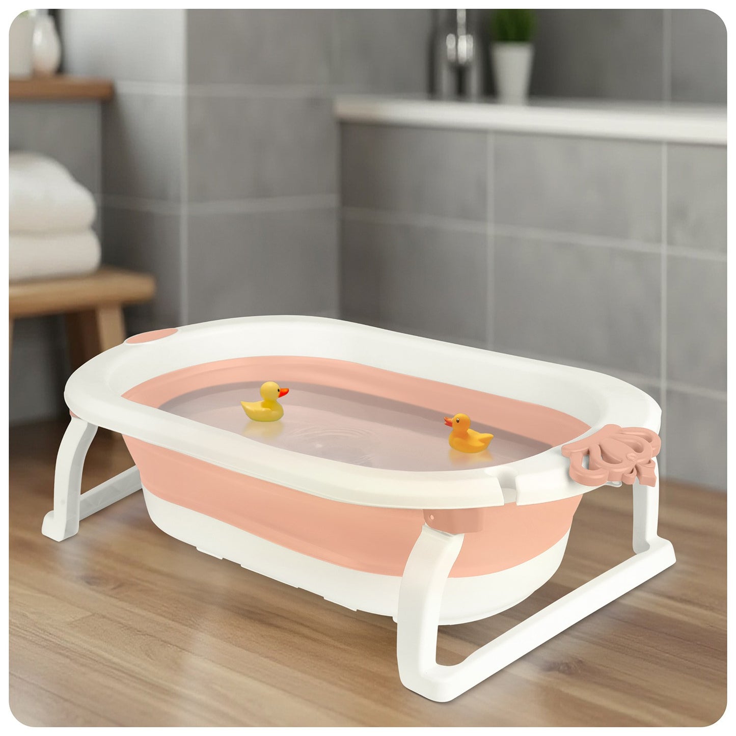 Folding Baby Bath with Insert, White-Pink