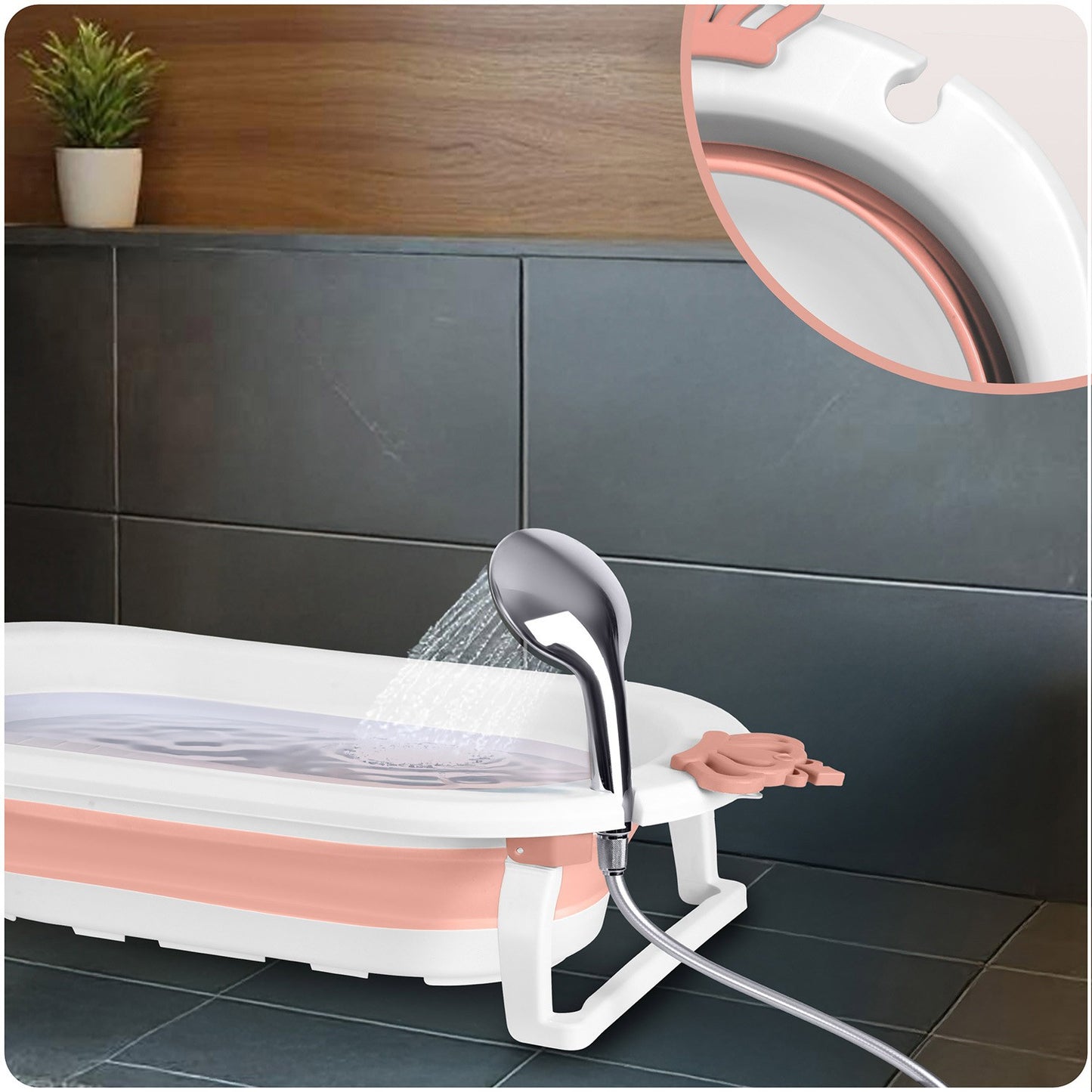 Folding Baby Bath with Insert, White-Pink