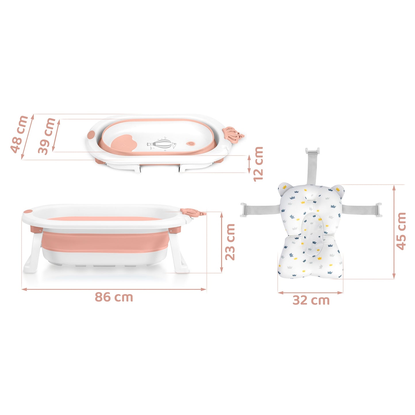 Folding Baby Bath with Insert, White-Pink