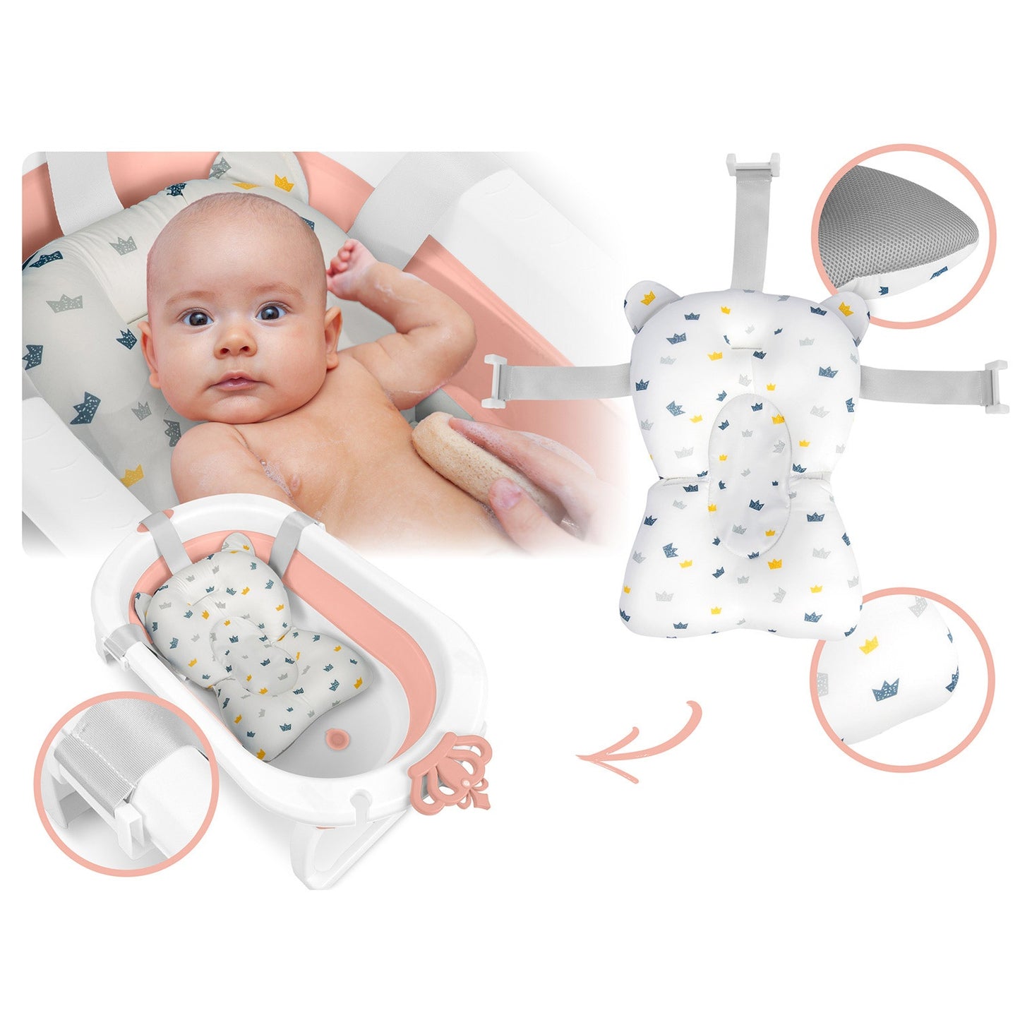 Folding Baby Bath with Insert, White-Pink