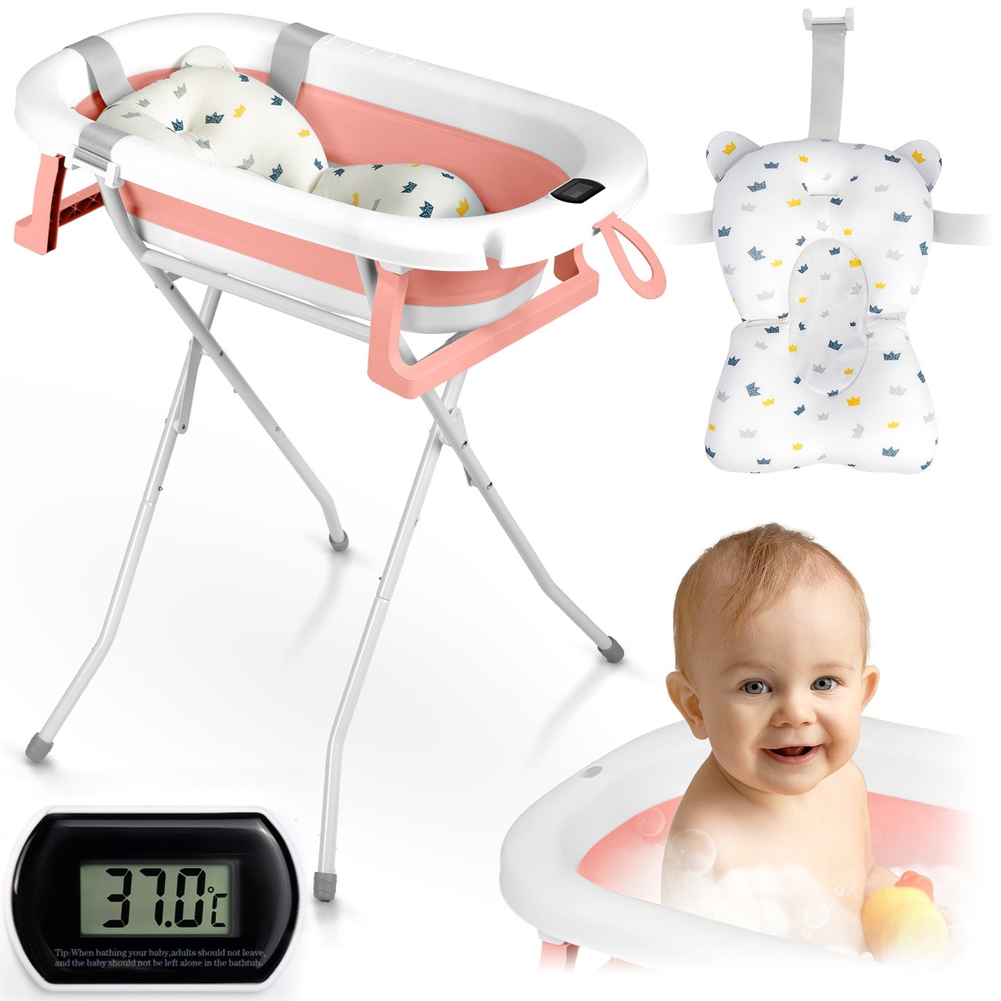 Folding Baby Bath with Stand, Thermometer, Insert