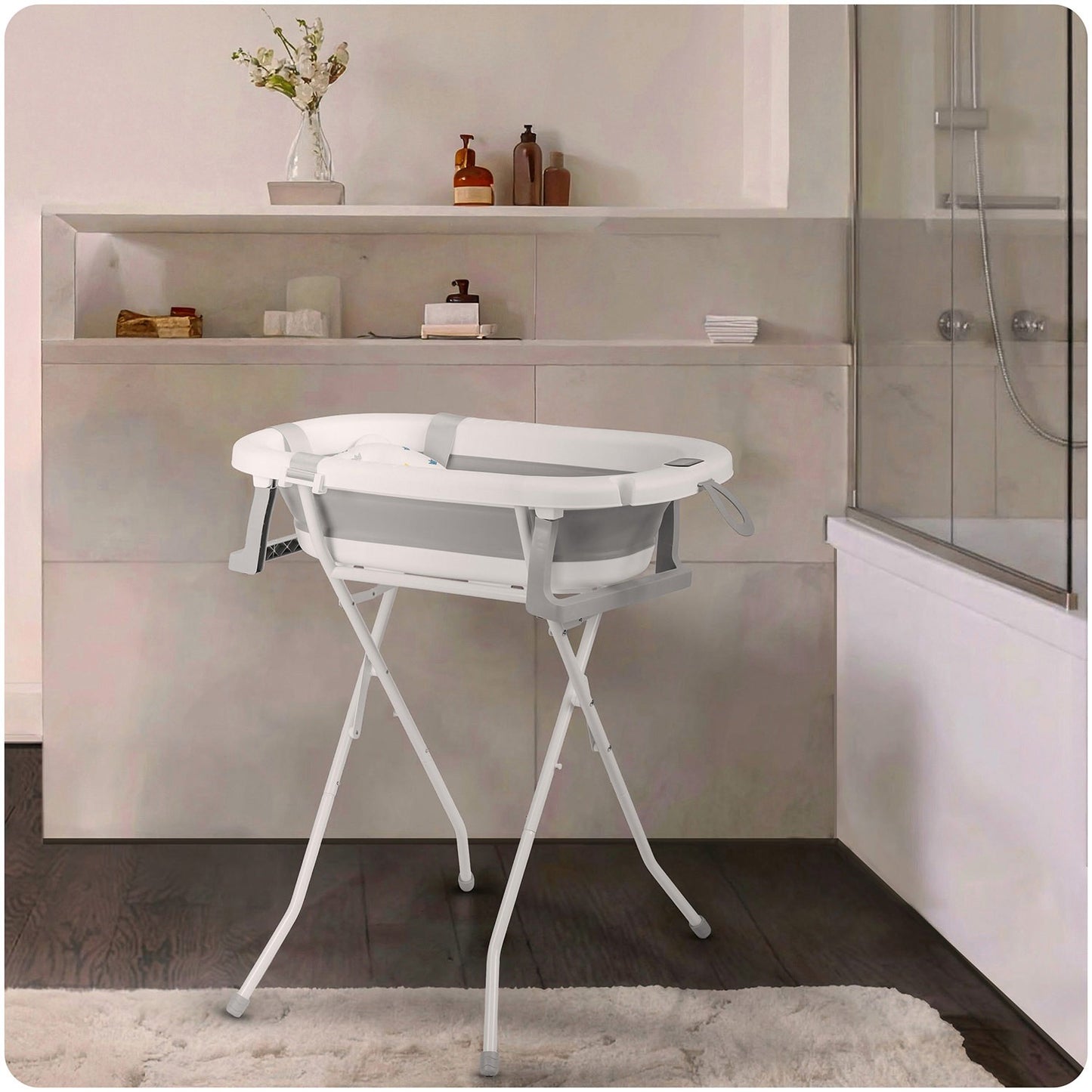 Folding Baby Bath with Stand, Thermometer & Insert