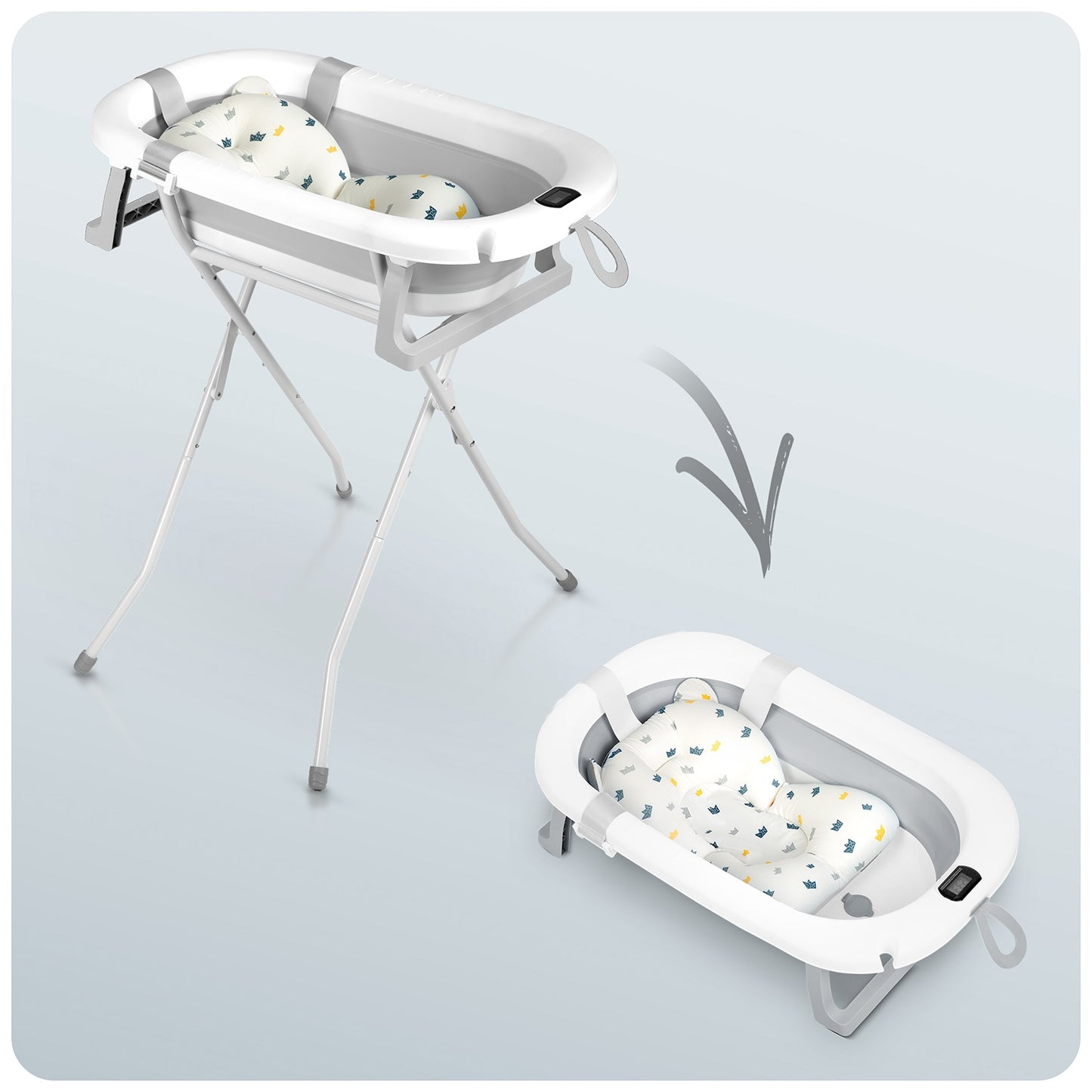 Folding Baby Bath with Stand, Thermometer & Insert