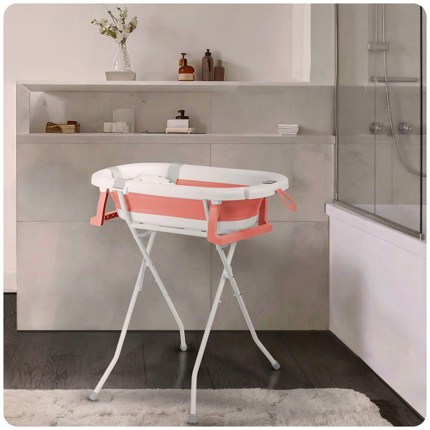 Folding Baby Bath with Stand, Thermometer, Insert