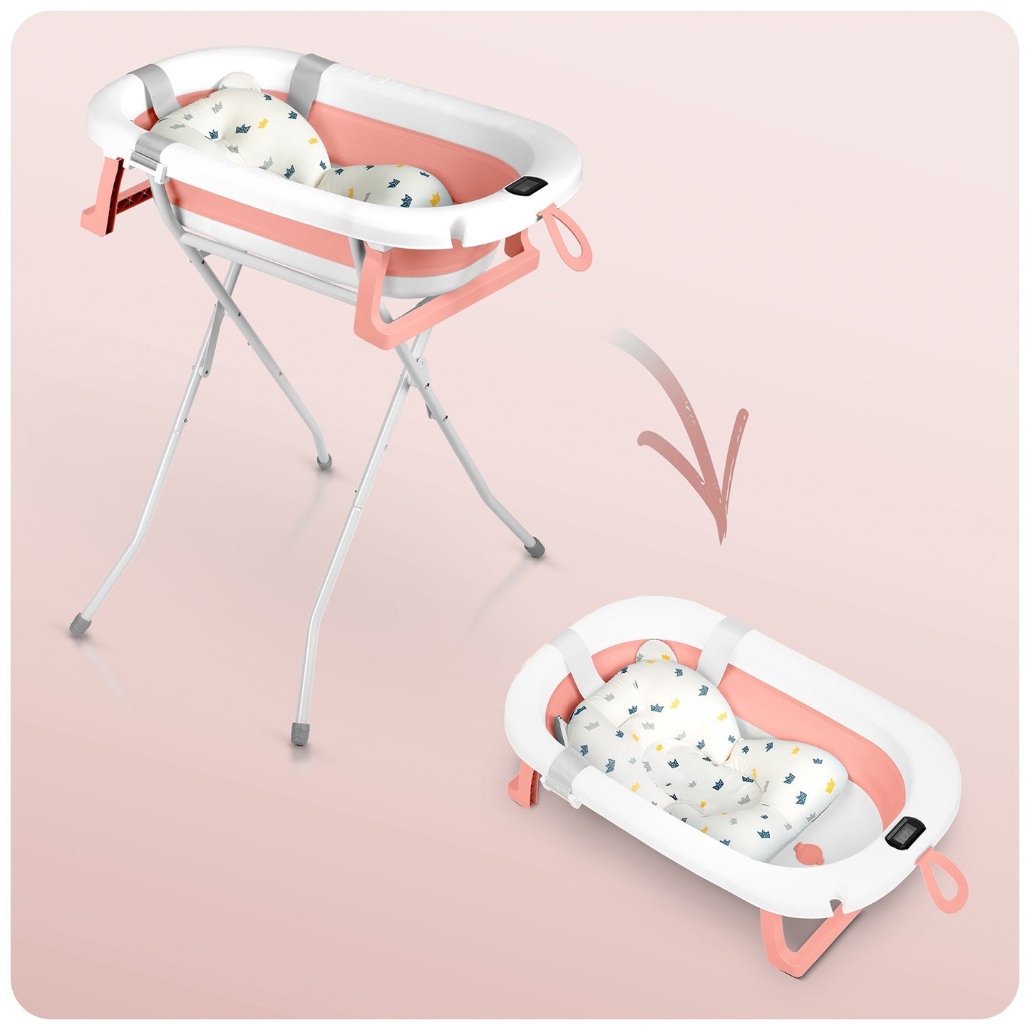 Folding Baby Bath with Stand, Thermometer, Insert