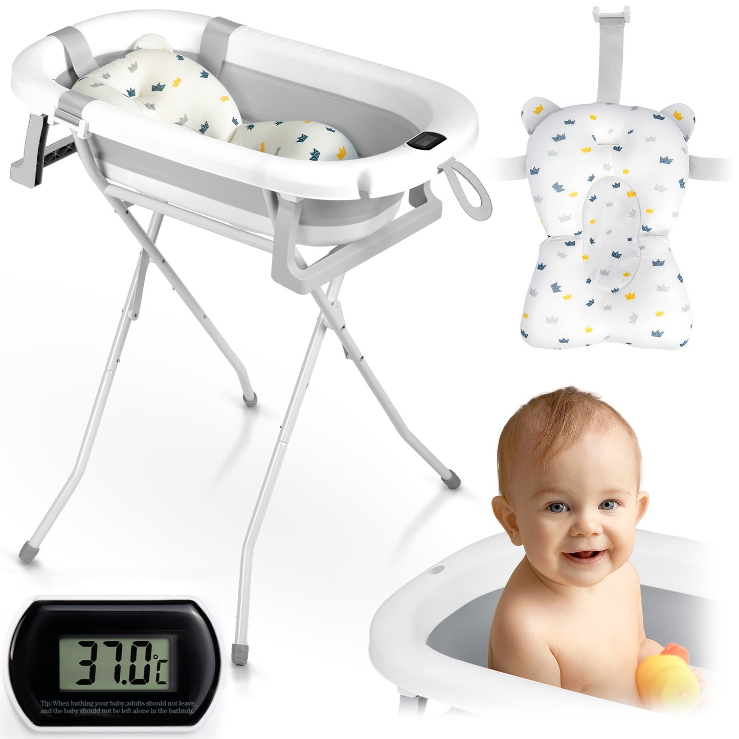 Folding Baby Bath with Stand, Thermometer & Insert