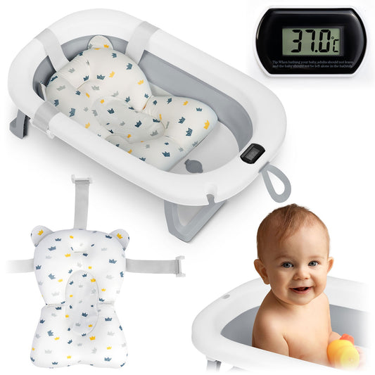 Folding Baby Bath with Thermometer and Insert, White-Grey