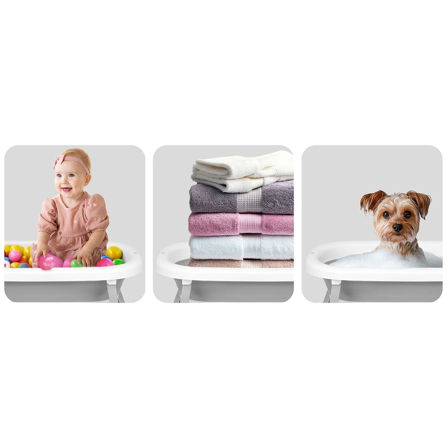 Folding Baby Bath with Thermometer and Insert, White-Grey