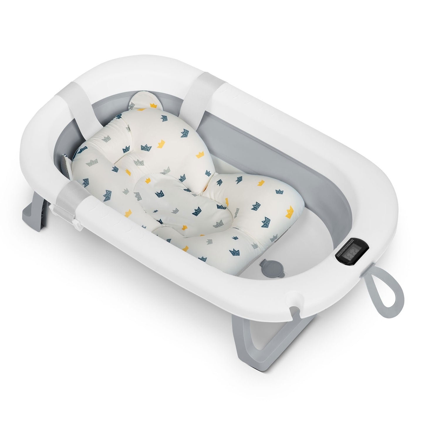 Folding Baby Bath with Thermometer and Insert, White-Grey
