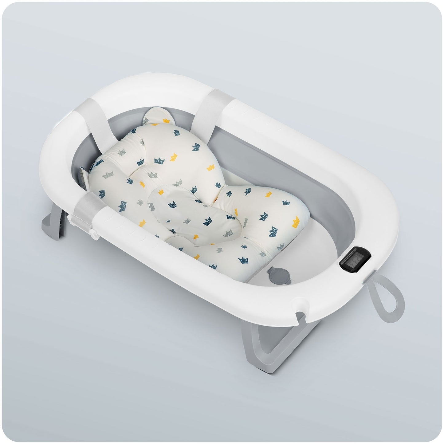 Folding Baby Bath with Thermometer and Insert, White-Grey