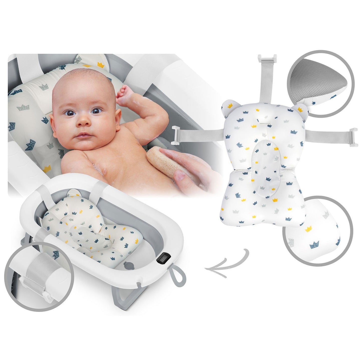 Folding Baby Bath with Thermometer and Insert, White-Grey