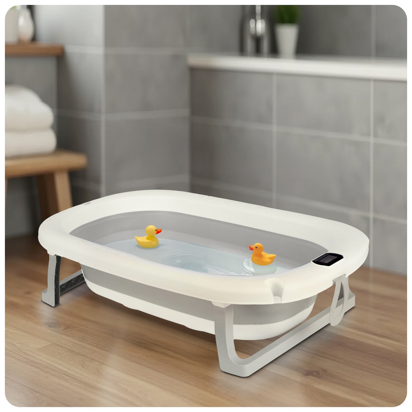 Folding Baby Bath with Thermometer and Insert, White-Grey