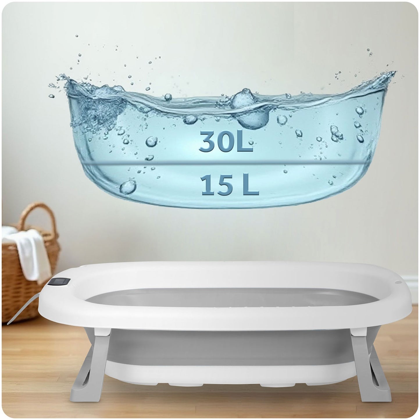 Folding Baby Bath with Thermometer and Insert, White-Grey