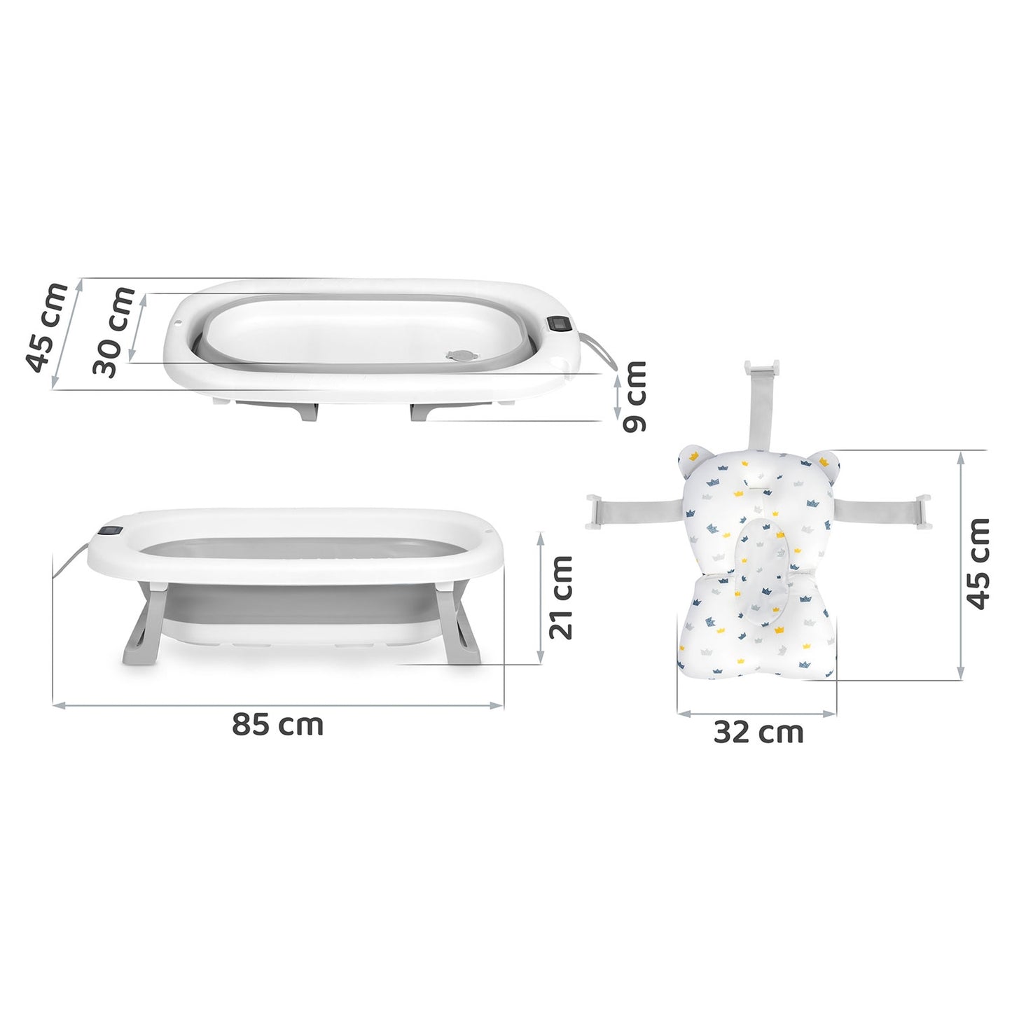 Folding Baby Bath with Thermometer and Insert, White-Grey