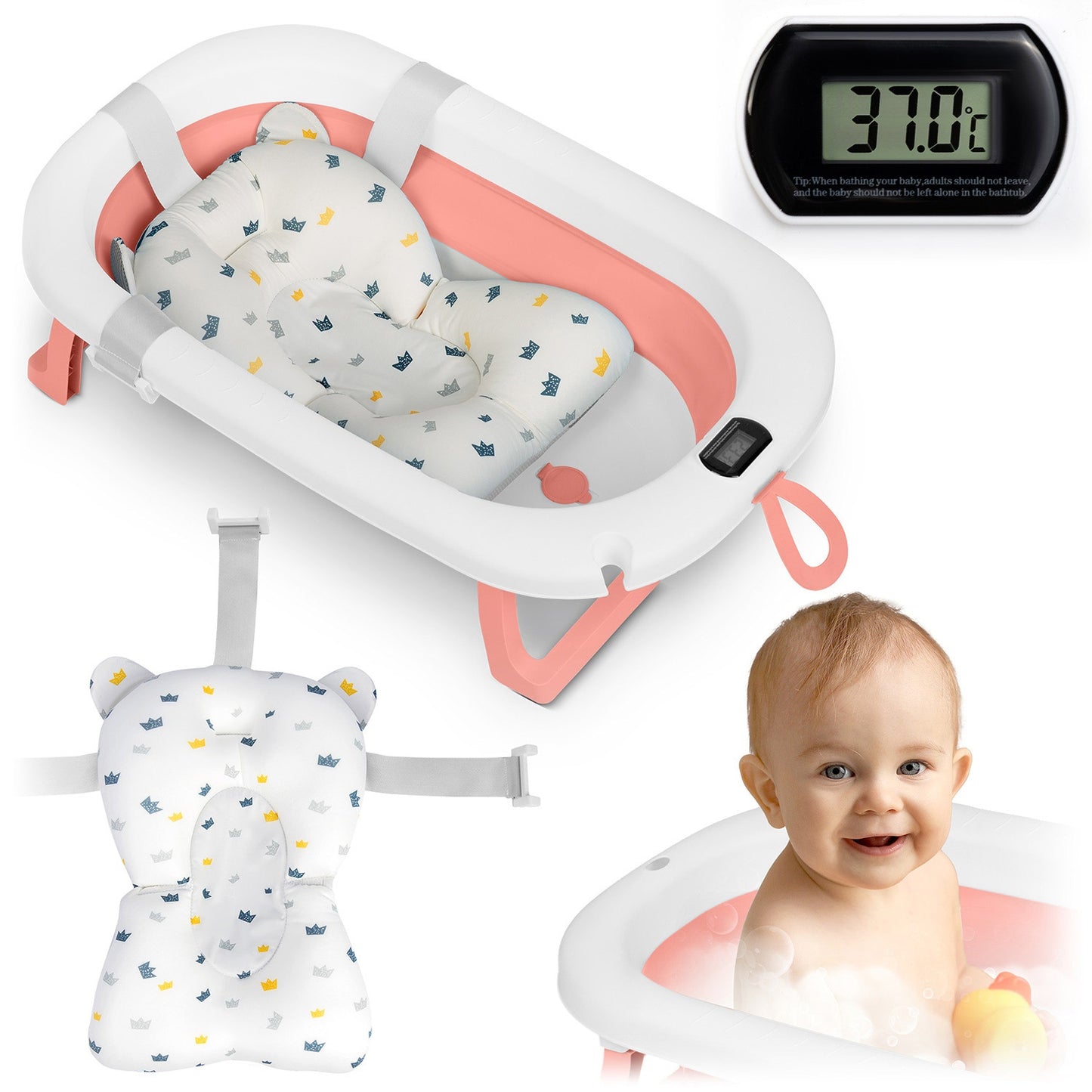 Folding Baby Bath with Thermometer and Insert, White-Pink