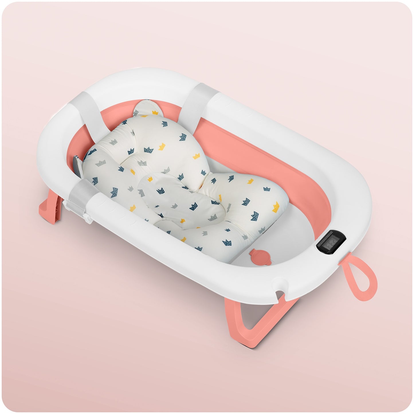 Folding Baby Bath with Thermometer and Insert, White-Pink