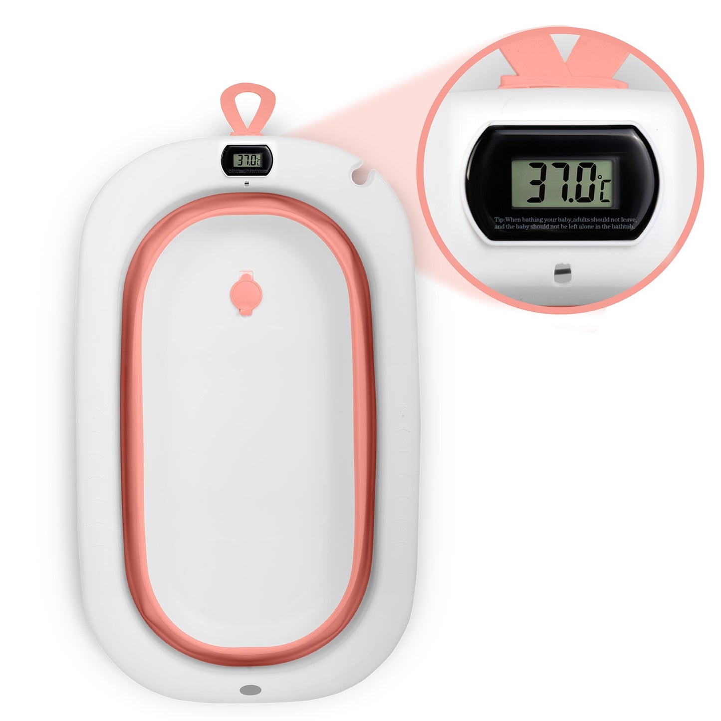 Folding Baby Bath with Thermometer and Insert, White-Pink