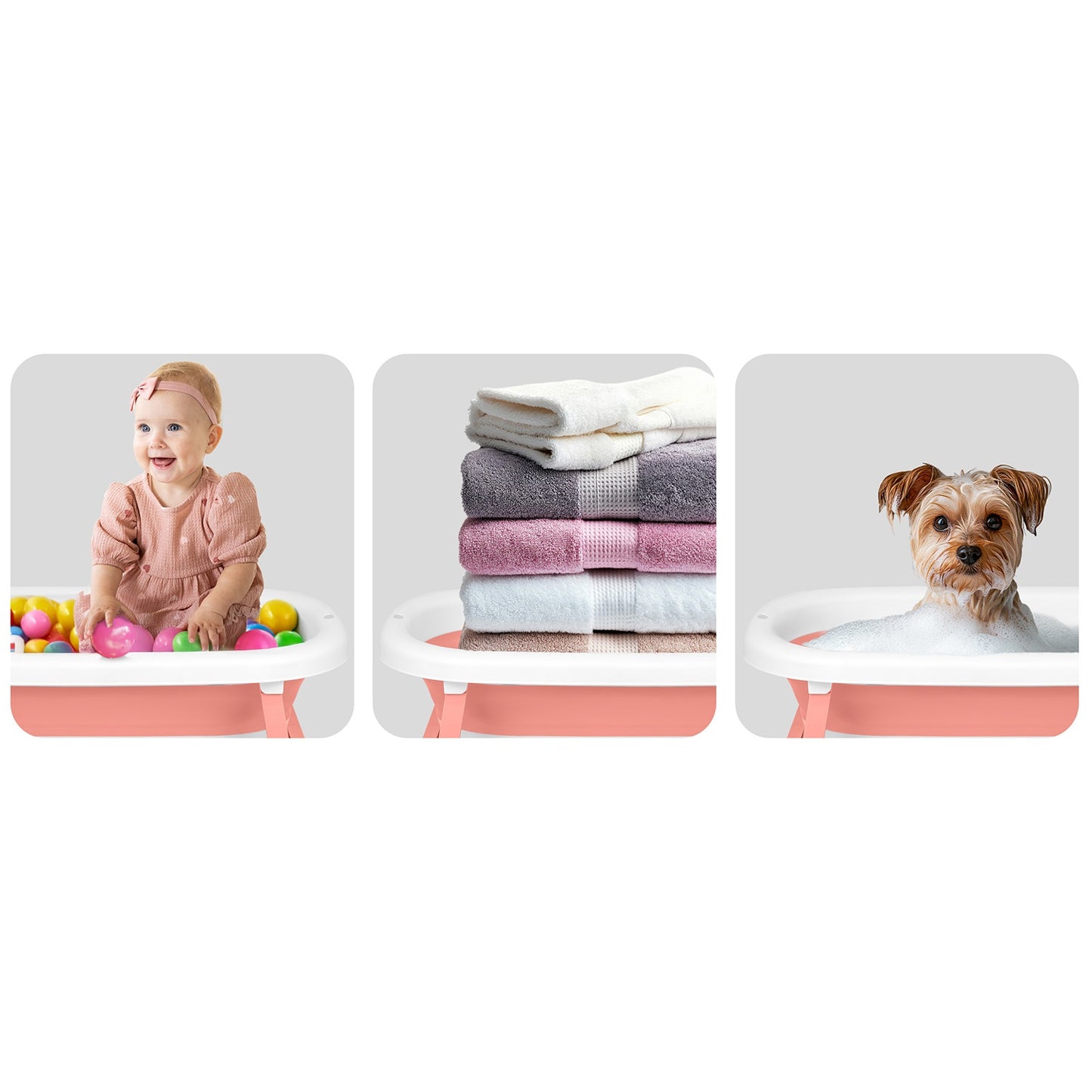 Folding Baby Bath with Thermometer and Insert, White-Pink