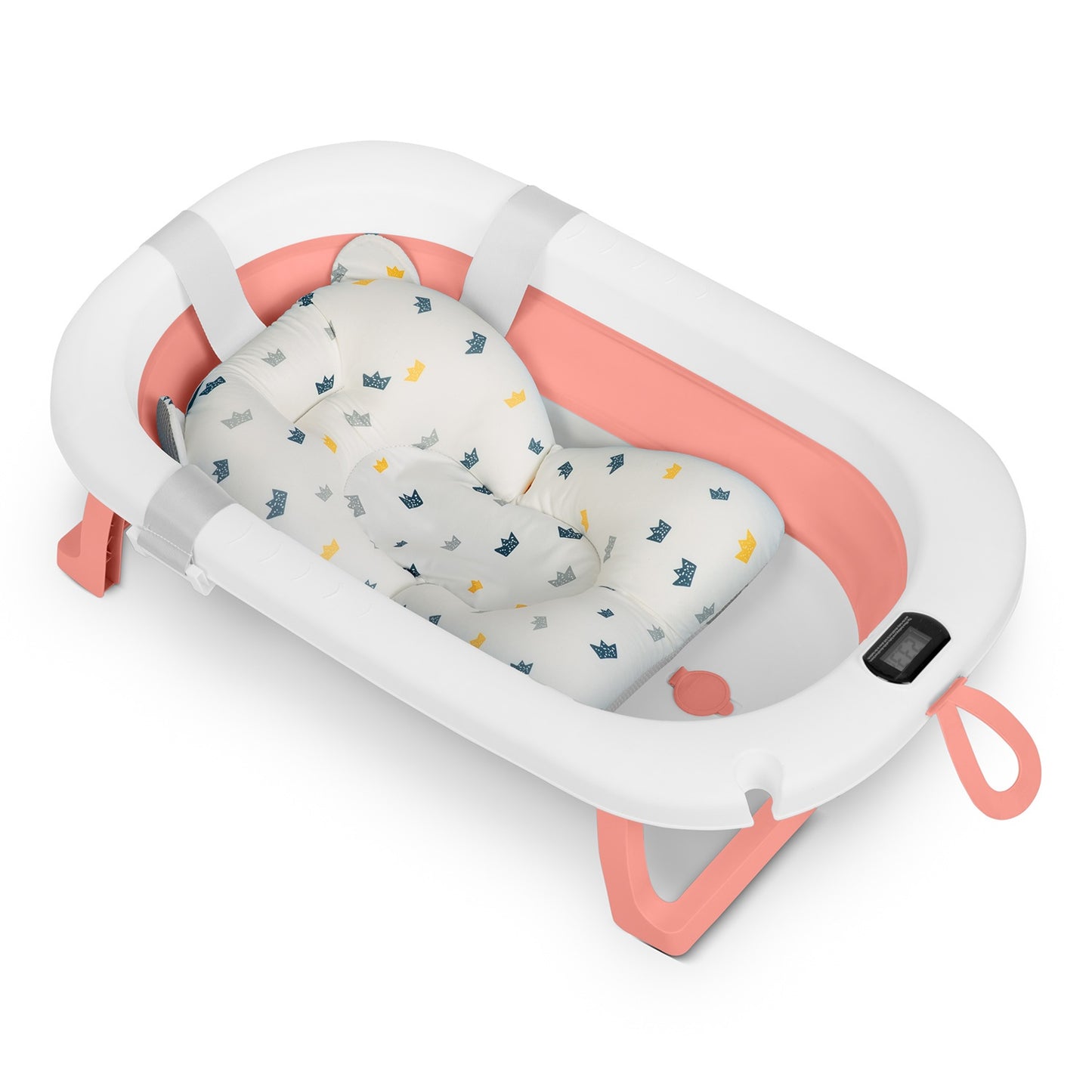 Folding Baby Bath with Thermometer and Insert, White-Pink