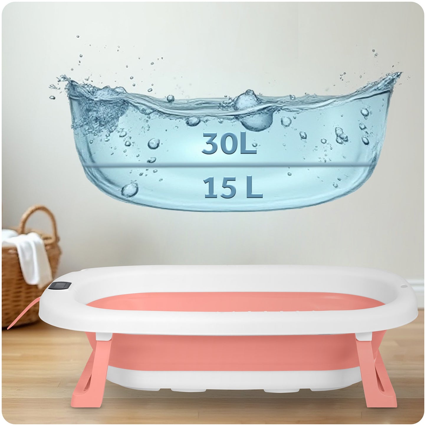 Folding Baby Bath with Thermometer and Insert, White-Pink