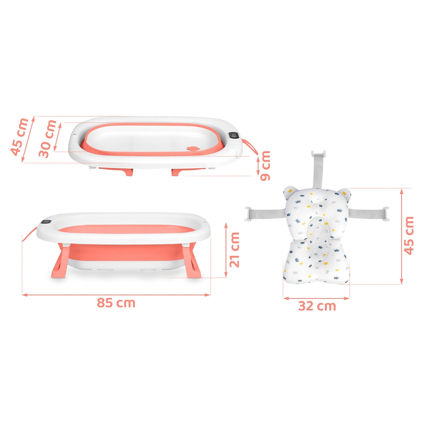 Folding Baby Bath with Thermometer and Insert, White-Pink