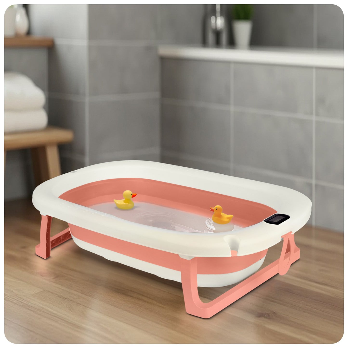 Folding Baby Bath with Thermometer and Insert, White-Pink
